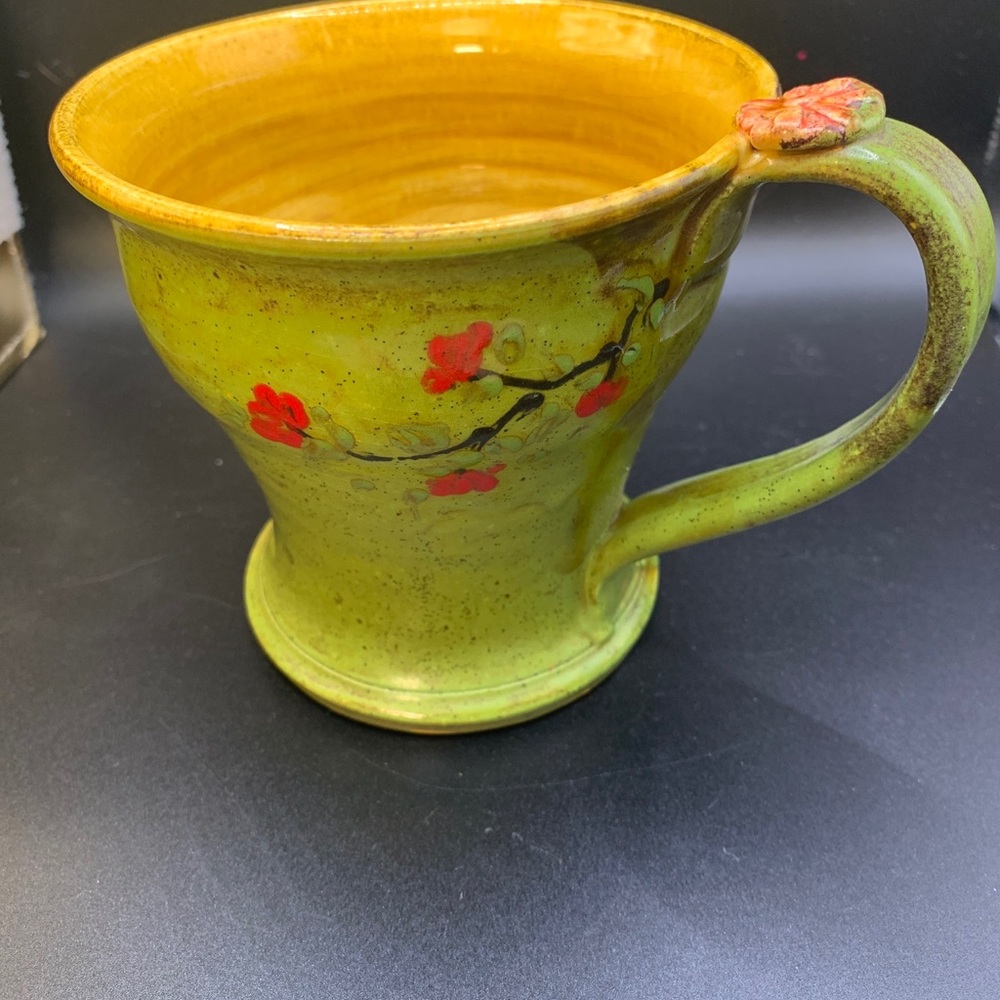 Rare Don Swanson Art Pottery Mug, 2008 Signed VTG Green color&flower emobossed
